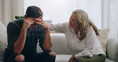 Buy stock photo Psychologist, support or mental health man in therapy consultation, trust and help with depression. Anxiety, stress or communication in psychology session with a mature woman doctor comfort a patient