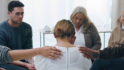 Buy stock photo Group therapy, meeting and counseling with people in support to console a woman patient during a session for health. Community, mental health and counselling with a female taking about her emotions