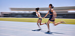 Speed race, relay and woman running in marathon competition, sports event or high energy track sprint. Action, moving and teamwork of fast athlete, runner or women cardio training for contest