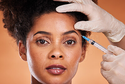 Buy stock photo Skincare and black woman with plastic surgery, medical and collagen injection from doctor. Portrait of a skin wellness, health and dermatology model patient with eyebrow and wrinkle filler