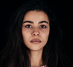 Woman, face or mental health on black background in studio with depression, anxiety or bipolar of psychology. Headshot, portrait and stress for burnout, sickness and rehabilitation center