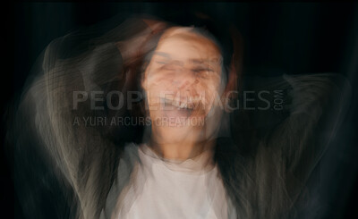 Buy stock photo Woman with depression, bipolar and blur face in studio on black background for mental health. Psychology, schizophrenia and anxiety with confusion for identity crisis