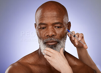 Buy stock photo Skincare, injection and senior man getting anti aging treatment in face on studio background. Healthcare, medical insurance and hands with syringe injecting black man with collagen for facial.