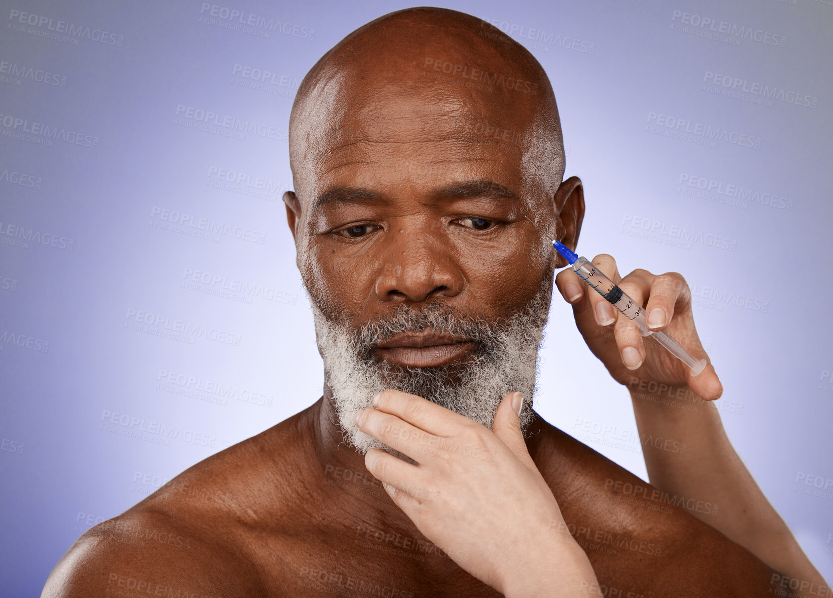 Buy stock photo Skincare, injection and senior man getting anti aging treatment in face on studio background. Healthcare, medical insurance and hands with syringe injecting black man with collagen for facial.