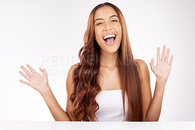 Buy stock photo Woman, portrait and hair or beauty with hair care or hair style in a salon on a white studio background. Cosmetics, treatment and face of a female with hair dye, hair treatment or haircut 