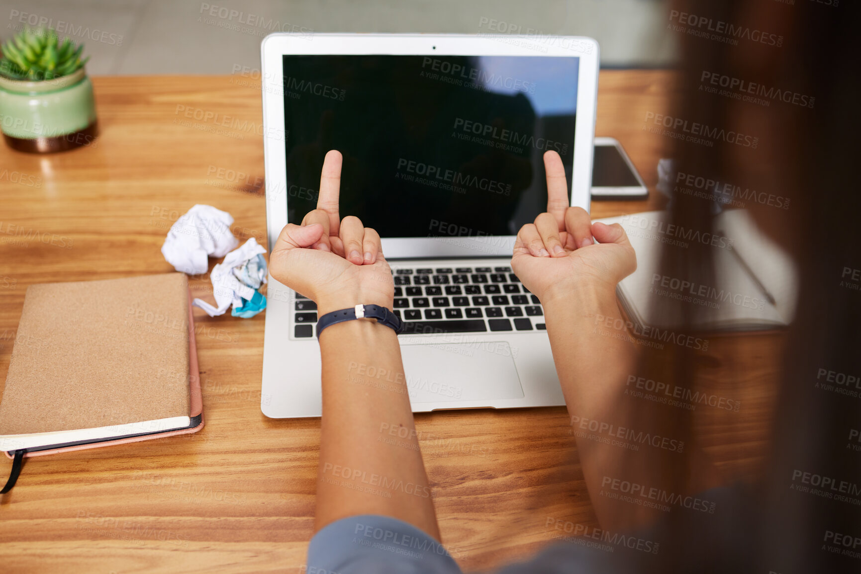 Buy stock photo Stress, office and hands with middle finger to laptop for glitch, error and 404 problem online. Technology, computer and angry woman worker with rude hand gesture for burnout, frustrated and failure