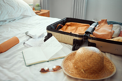 Buy stock photo Travel, luggage and bedroom with a suitcase, hat and camera on a bed in a hotel during holiday or vacation. Hospitality, tourist and resort with luggage in a room for traveling or sightseeing abroad