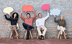 Speech bubble, feedback and idea with business people and mockup for social media, vote and review. Design, contact and chat sign with employee and board at brick wall for voice, opinion and news