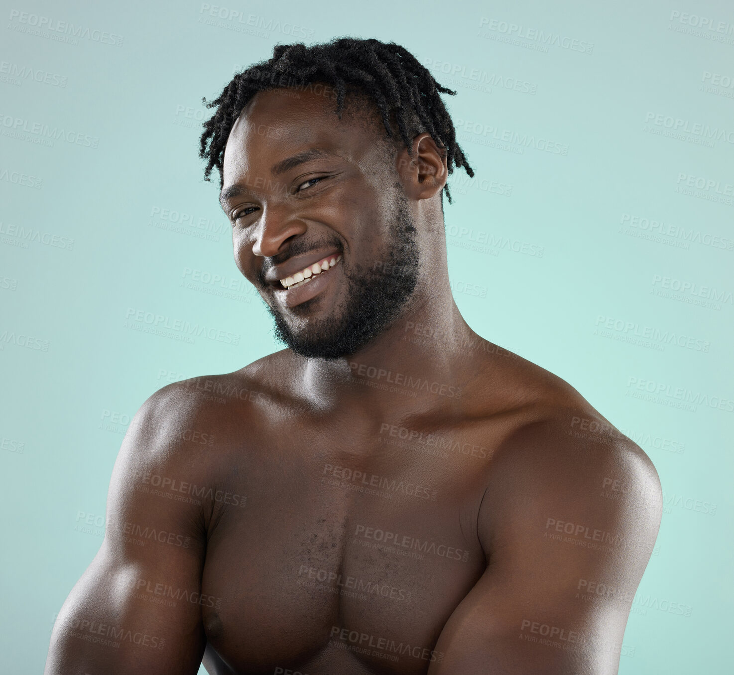 Buy stock photo Happy man, skincare and face portrait with a smile for beauty, hygiene and grooming in studio. Healthy black person on blue background for facial glow, clean skin and self care with dermatology 