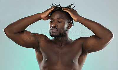 Buy stock photo Black man, hair and muscle with skin, face and beauty, skincare and fitness with body isolated on studio background. Health, wellness and grooming, strong bodybuilder and power with hygiene and clean