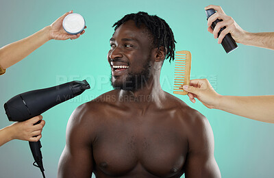 Buy stock photo Hair, makeover and man in studio salon with smile, hairdryer and comb on green background. Beauty, haircare treatment and product for happy male model with natural hairstyle at barber or hairdresser.