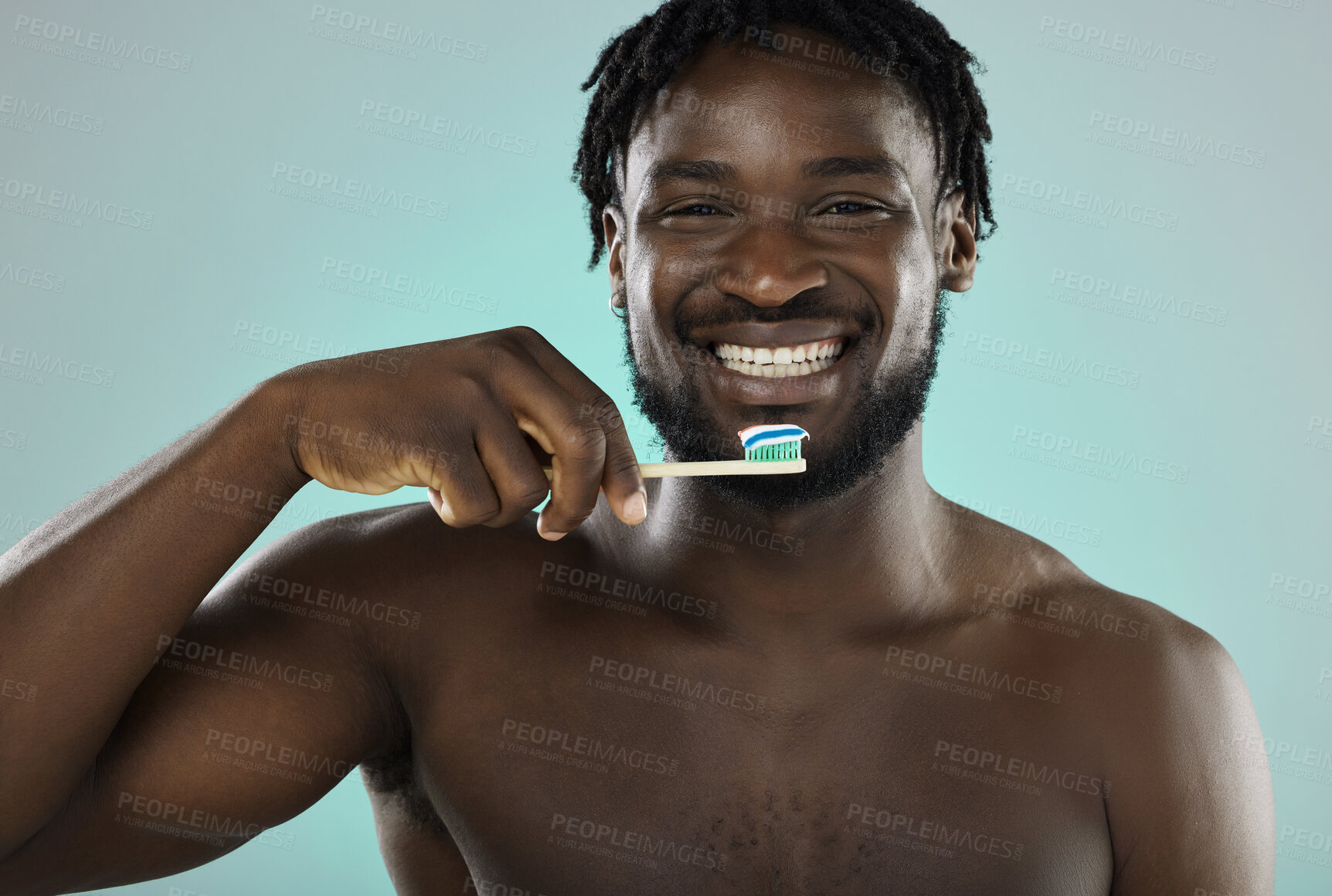 Buy stock photo Black man, face and toothbrush with smile in portrait, teeth whitening and cleaning mouth isolated on studio background. Fresh breath, beauty and hygiene with toothpaste, health and dental wellness