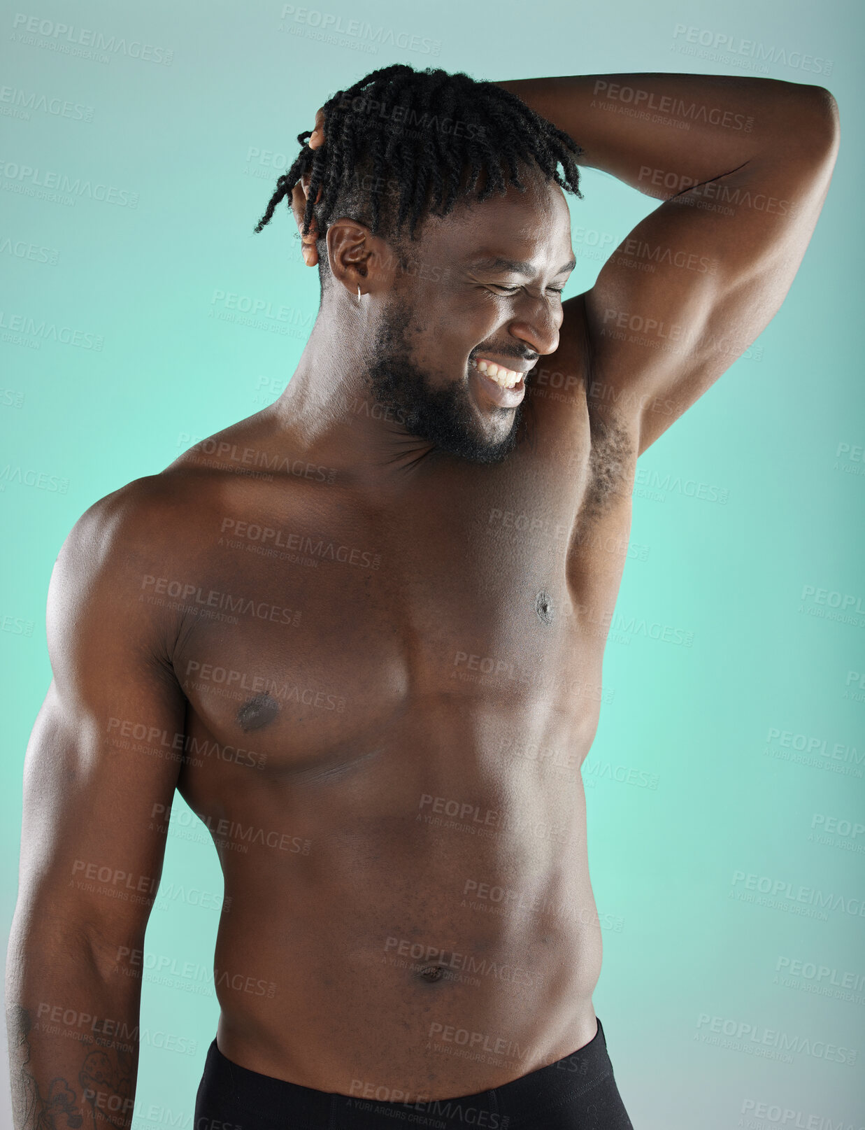 Buy stock photo Armpit, bicep and happy man with skincare hygiene or grooming isolated against a studio background. Natural, cosmetics and body care for healthy skin by a young, confident and African model