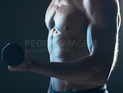 Buy stock photo Fitness, body and man with dumbbell in hand on blue background, isolated neon blue light and muscular chest. Sports, muscle and male model in artistic dark studio for power workout and gym aesthetic.