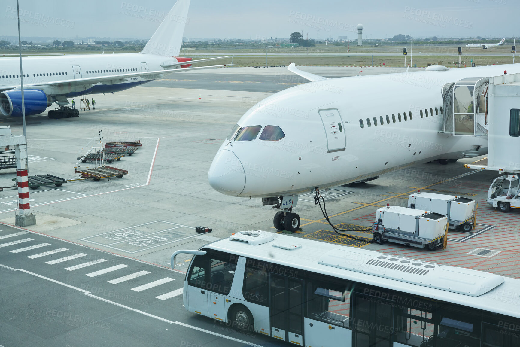 Buy stock photo Airplane, bus and loading luggage outdoors for travel with heat pump for air conditioning for ac ventilation on journey. Global, transportation or commercial aeroplane on ground with cargo for flight