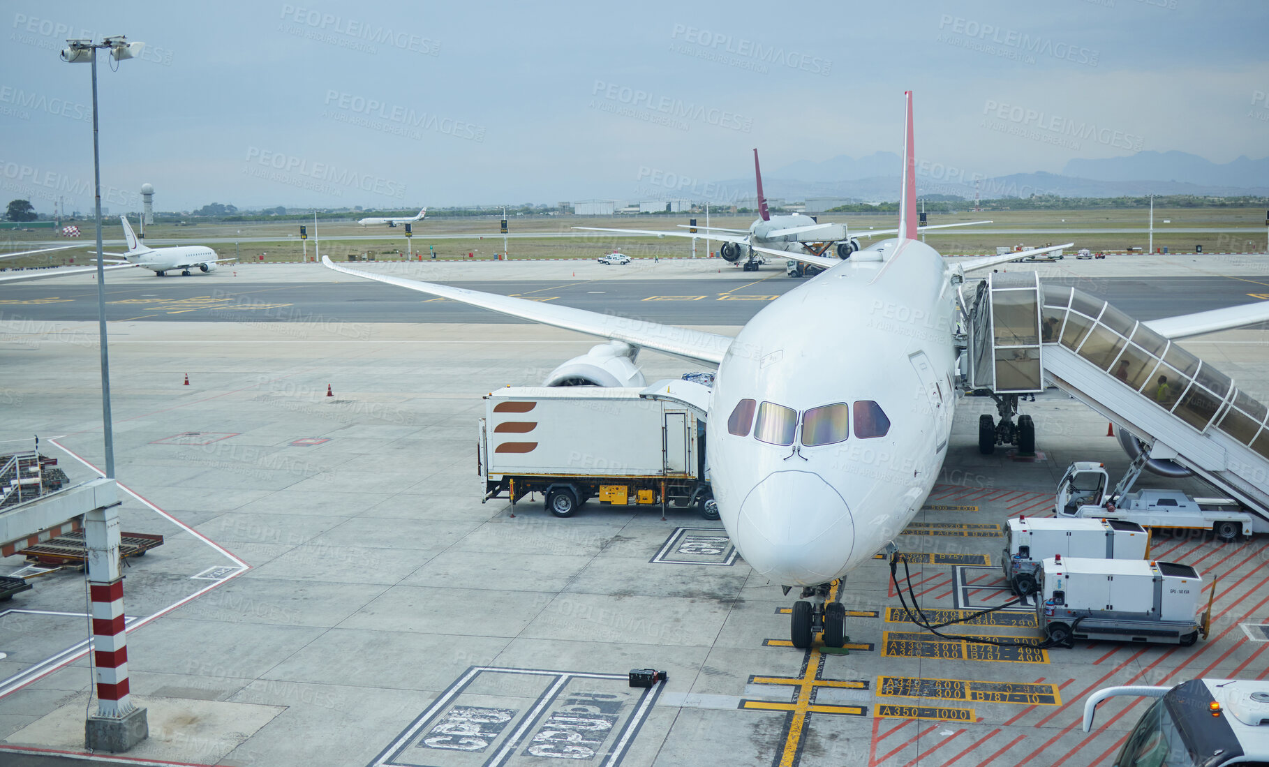 Buy stock photo Airplane, airport or loading luggage for traveling outdoors on runway at worldwide location for journey. Trip, transportation services or commercial aeroplane on ground for international flight cargo