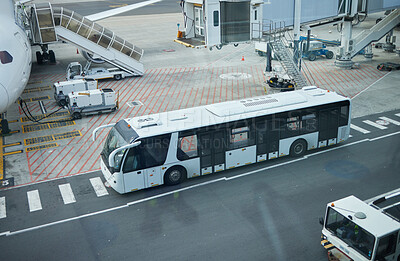 Buy stock photo Airport, bus transport and plane on road, runway and park for travel service, fuel and outdoor. Urban bus stop, street and airplane for transportation, logistics and immigration on international jet