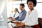 Black woman, call center and portrait smile on computer in telemarketing, customer service and support at office. Happy African American female consultant or agent smiling in contact us for advice