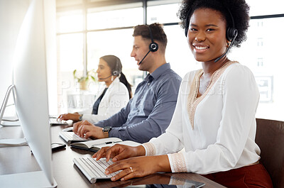 Buy stock photo Black woman, call center and portrait smile on computer in telemarketing, customer service and support at office. Happy African American female consultant or agent smiling in contact us for advice