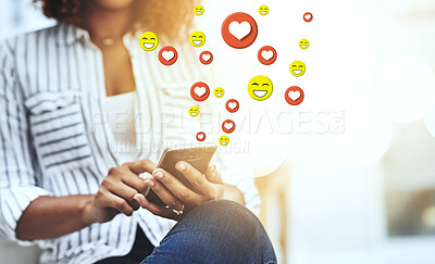 Buy stock photo Hands, social media icon or woman with phone for communication, texting or online dating chat. Post, overlay or girl on mobile app website or digital network with happy, like or heart emoji closeup