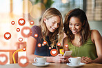 Cafe, social media icon or women with phone for communication, text post or online dating chat. Coffee, girls or happy friends on mobile app website or digital network with smile, like or heart emoji