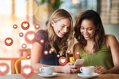 Buy stock photo Cafe, social media icon or women with phone for communication, text post or online dating chat. Coffee, girls or happy friends on mobile app website or digital network with smile, like or heart emoji