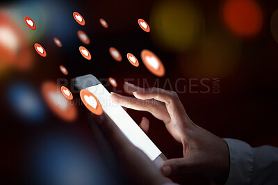 Buy stock photo Night, social media icon or girl with a phone for communication, texting for online dating. Like, love emojis overlay or hands of woman on mobile app screen, chat website or digital network closeup