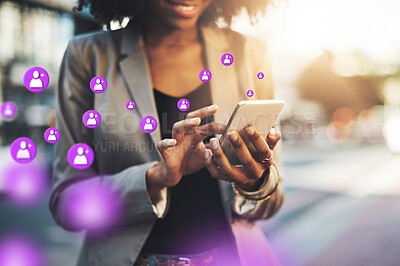 Buy stock photo Hands, social media icon or black woman with phone for communication, texting or online chat in city. Overlay, girl typing on mobile app website or digital networking with like or heart emoji