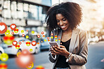 City, social media icon or black woman with phone for communication, texting or online chat website. Overlay, smile or happy girl typing on mobile app or digital networking with like or heart emoji 