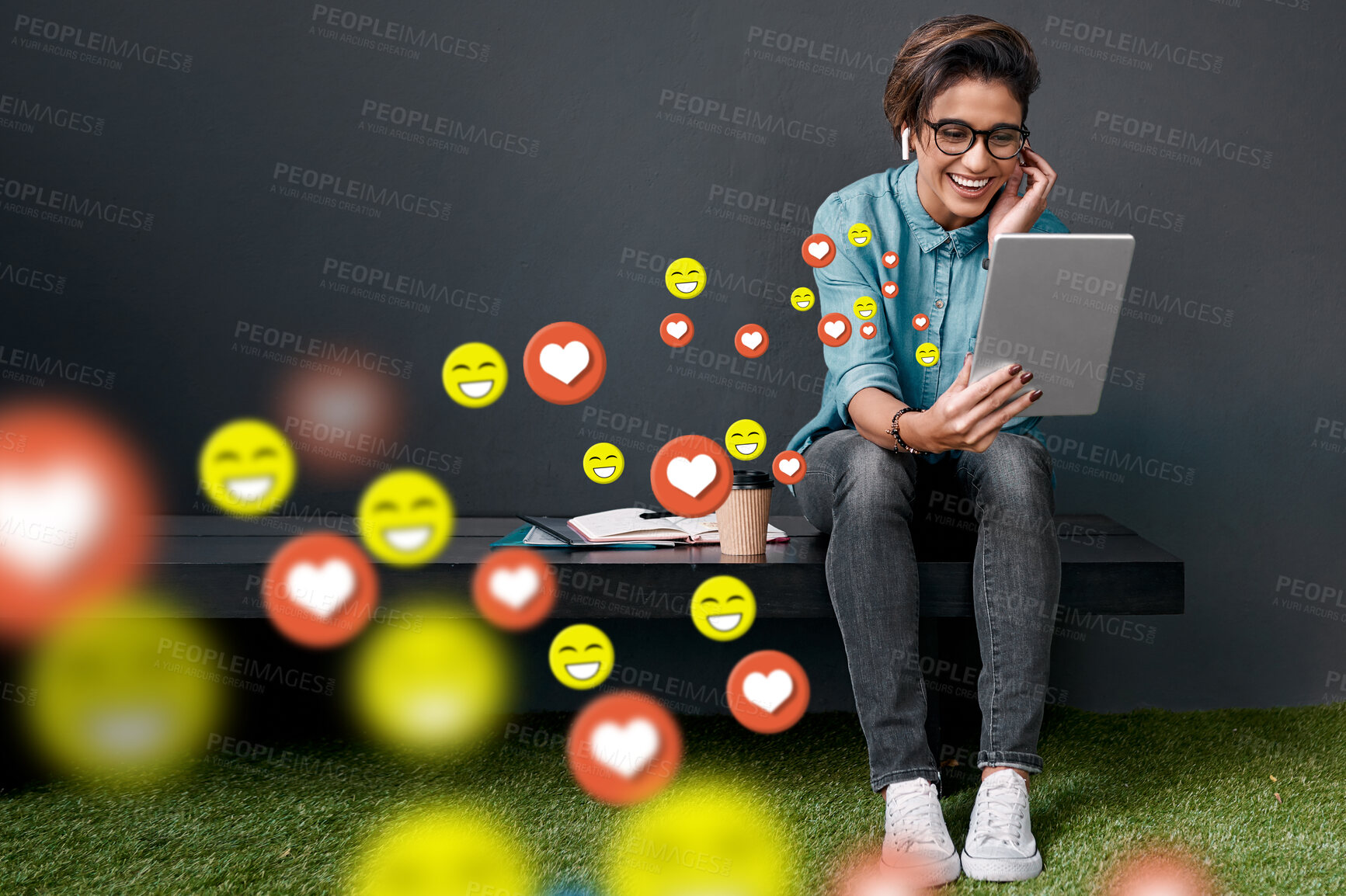 Buy stock photo Office, social media icon or happy woman with tablet for communication, texting or online dating chat. Funny, meme or girl on mobile app website or digital network with smile, like or heart emoji 