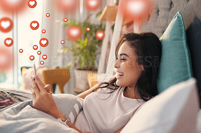 Buy stock photo Bed, social media icons or happy woman with phone for communication, text or online dating at home. Morning, memes or relaxed woman on mobile app, chat website or digital network with heart emojis