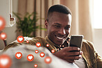 Happy, social media icons or black man with phone for content or online dating post relaxing on sofa. Love, emojis or African person on mobile app website or digital network with heart emoticons 