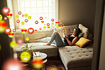 Sofa, social media icon or woman with a phone for communication, social media text for online dating. Like overlay, relax or happy girl on mobile app, chat website or digital network with heart emoji