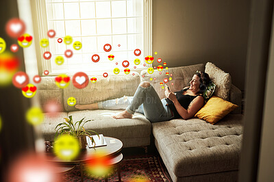 Buy stock photo Sofa, social media icon or woman with a phone for communication, social media text for online dating. Like overlay, relax or happy girl on mobile app, chat website or digital network with heart emoji