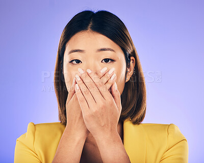 Buy stock photo Hands, face and woman with shock or stress in crisis, accident or mistake in business, startup or fail in professional career. Surprise, announcement and Asian businesswoman with fear or anxiety