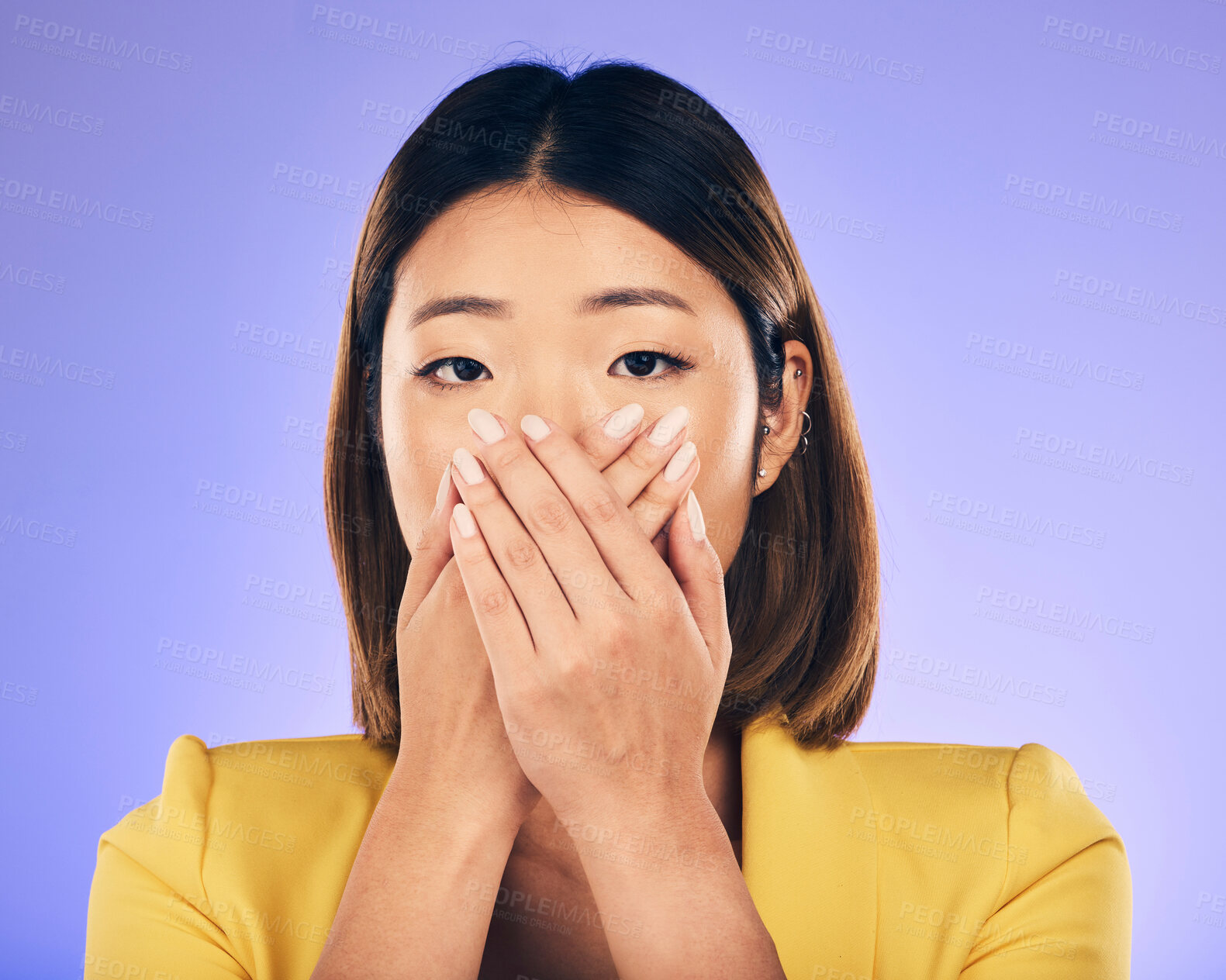 Buy stock photo Hands, face and woman with shock or stress in crisis, accident or mistake in business, startup or fail in professional career. Surprise, announcement and Asian businesswoman with fear or anxiety