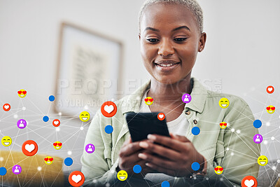 Buy stock photo Happy woman on sofa with phone, emoji and social media post, meme or networking in home. Technology, connection and girl on couch with smartphone, digital chat with like or love icon on viral content