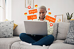 Emoji, overlay and black woman with laptop on a sofa for social media, chat or notification at home. Emoticon, reaction and African lady influencer online for blog, update or podcast content creation