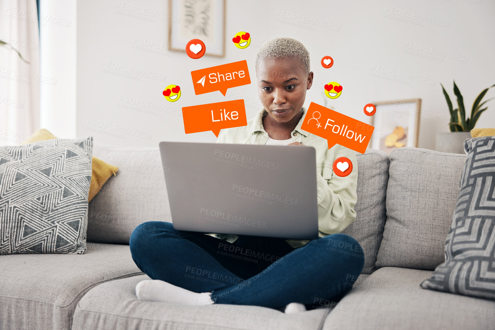 Buy stock photo Emoji, overlay and black woman with laptop on a sofa for social media, chat or notification at home. Emoticon, reaction and African lady influencer online for blog, update or podcast content creation