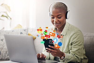 Buy stock photo Laptop, social media icon or woman with phone for communication, message or online chat. Headphones, notification emojis or African person streaming music on mobile app on website or network at home