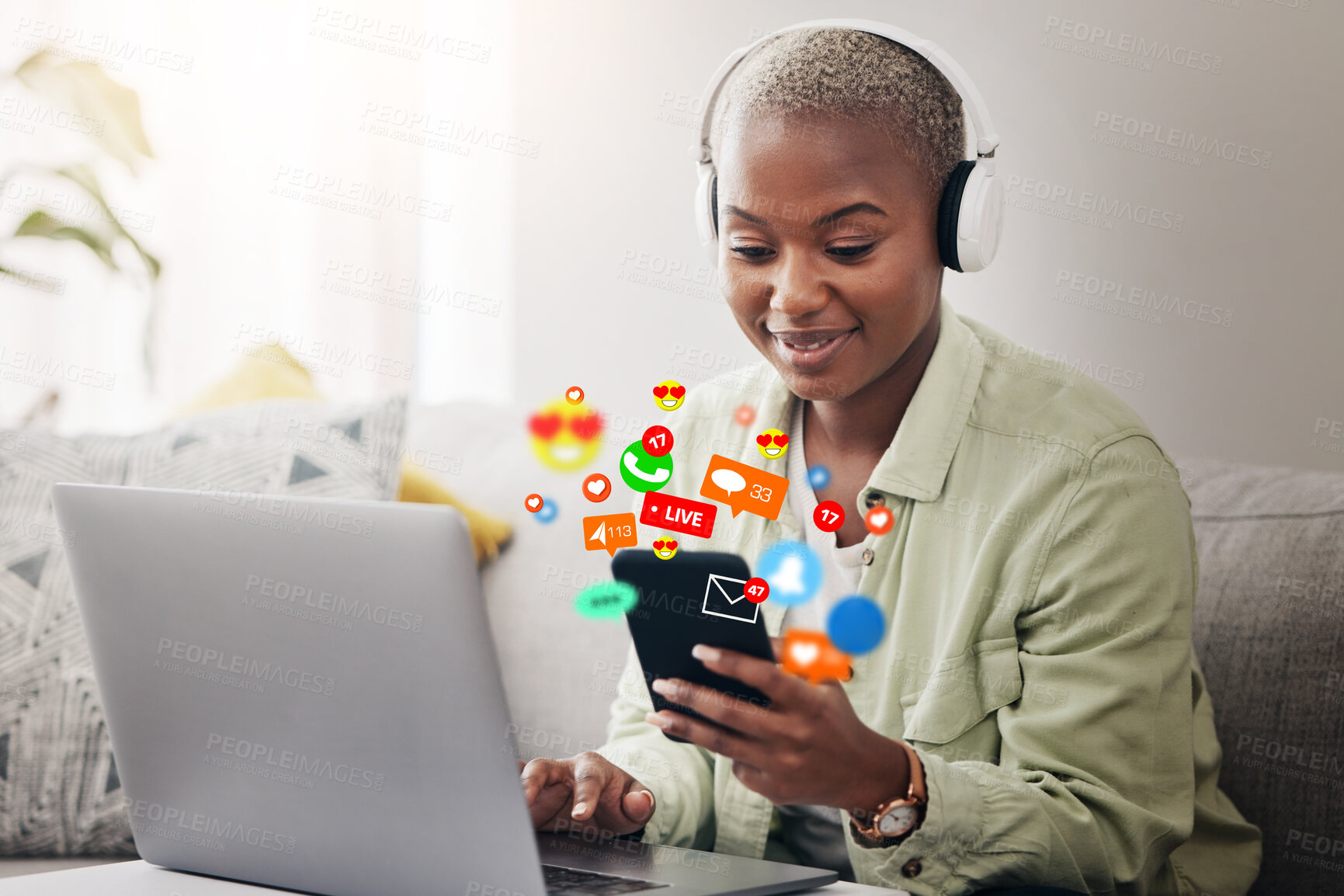 Buy stock photo Laptop, social media icon or woman with phone for communication, message or online chat. Headphones, notification emojis or African person streaming music on mobile app on website or network at home