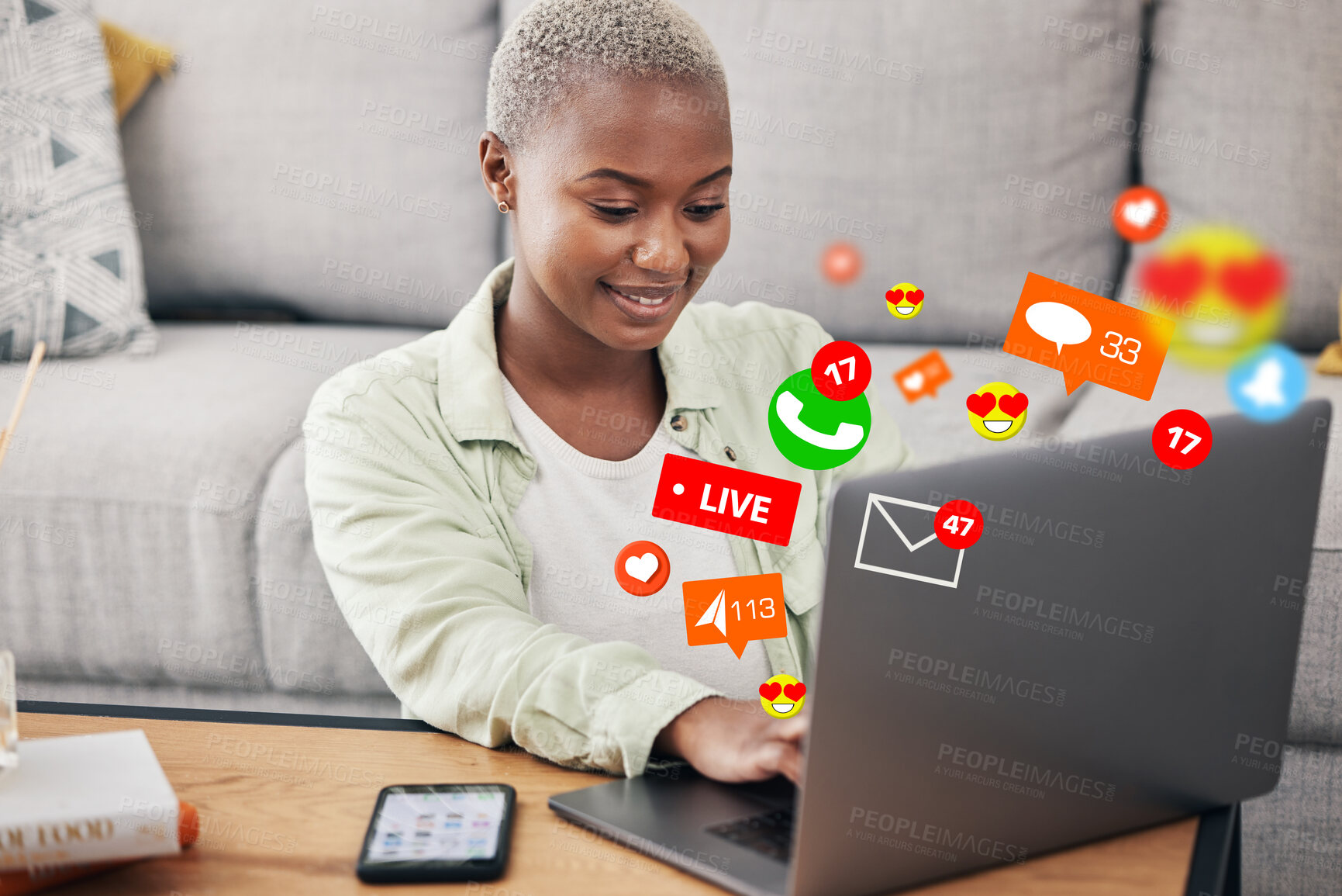 Buy stock photo Woman, laptop and social media message icon on home floor for connection, content or platform. African influencer at computer for communication, live streaming and like or love emoji reaction overlay