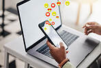 Phone, social media emojis or hands typing on laptop for communication, chat texting or online dating. Closeup, mockup space or person on mobile app screen to scroll on website or digital network