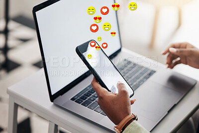 Buy stock photo Phone, social media emojis or hands typing on laptop for communication, chat texting or online dating. Closeup, mockup space or person on mobile app screen to scroll on website or digital network