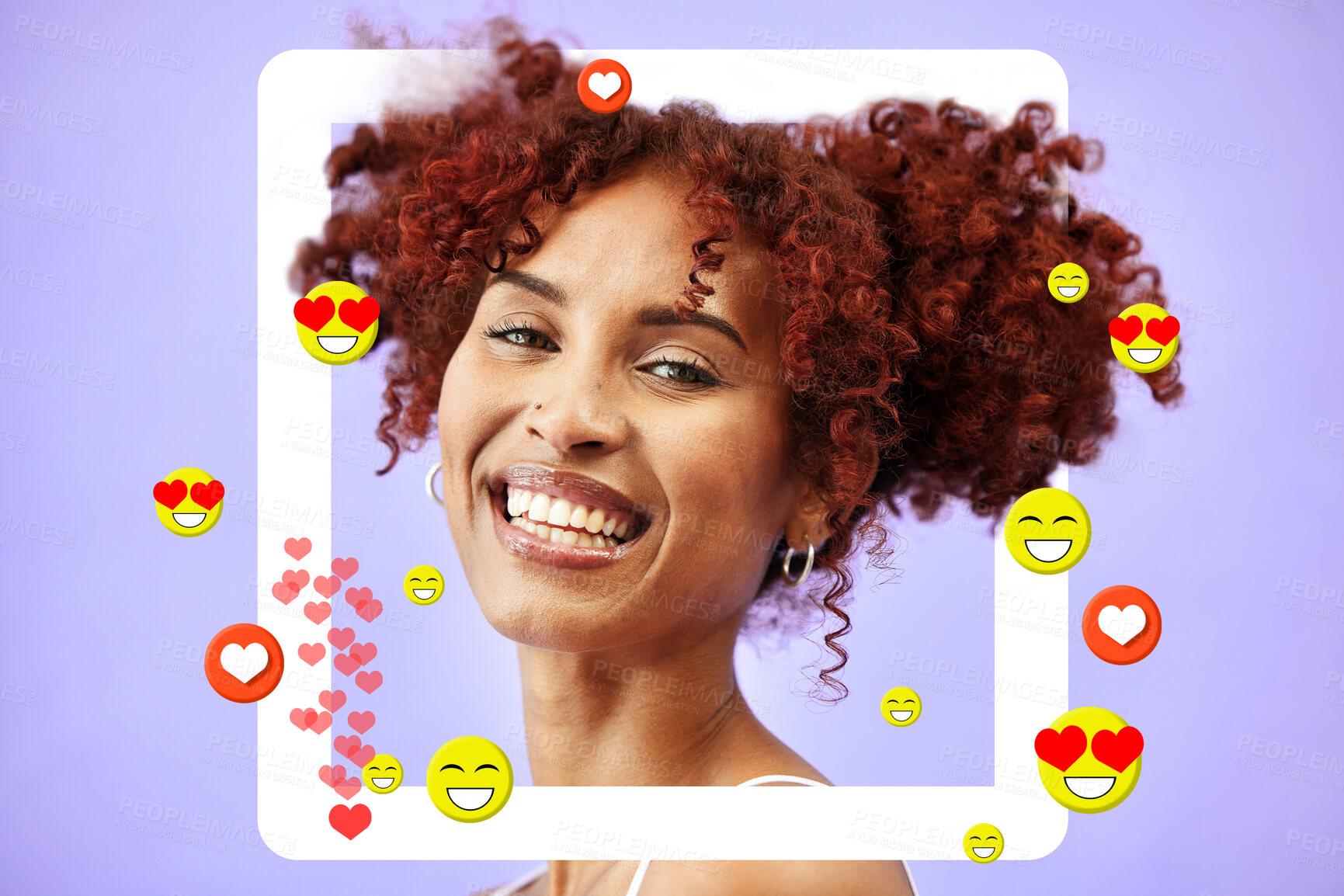 Buy stock photo Social media, frame and portrait of woman in post, blog or profile picture of influencer with support of online audience. Happy, face and model in studio background with border or website overlay