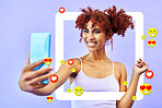 Social media, selfie and woman in a frame for a blog, post or profile picture of influencer with support of online audience. Happy, face or blogger in studio background with border or website overlay