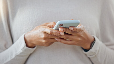 Buy stock photo Person, phone and hands typing in social media, communication or online networking at home. Closeup of freelancer texting, chatting or research on mobile smartphone app for email or message in house