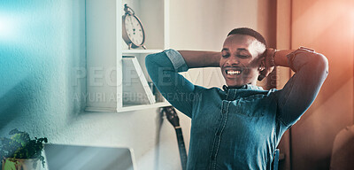 Buy stock photo Relax, corporate and a black man with remote work and a laptop for good news or an email. Happy, success and a young entrepreneur or freelance employee enjoying a break from online career in a house