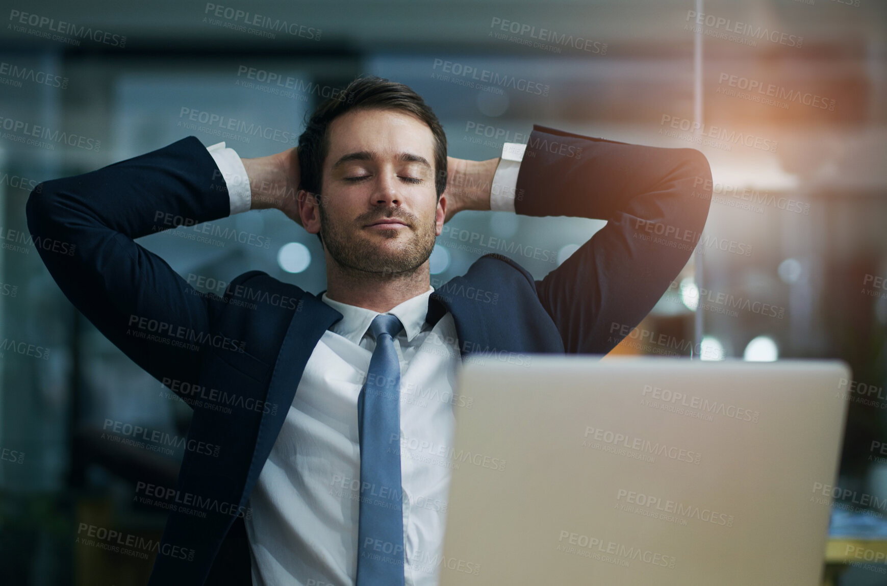 Buy stock photo Businessman, calm and relax with chaos in office with multitasking workflow and peaceful with deadline. Professional, person and time management with schedule, agenda and productivity in workplace