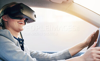 Buy stock photo Cropped shot of a young businesswoman driving while wearing a virtual reality headset